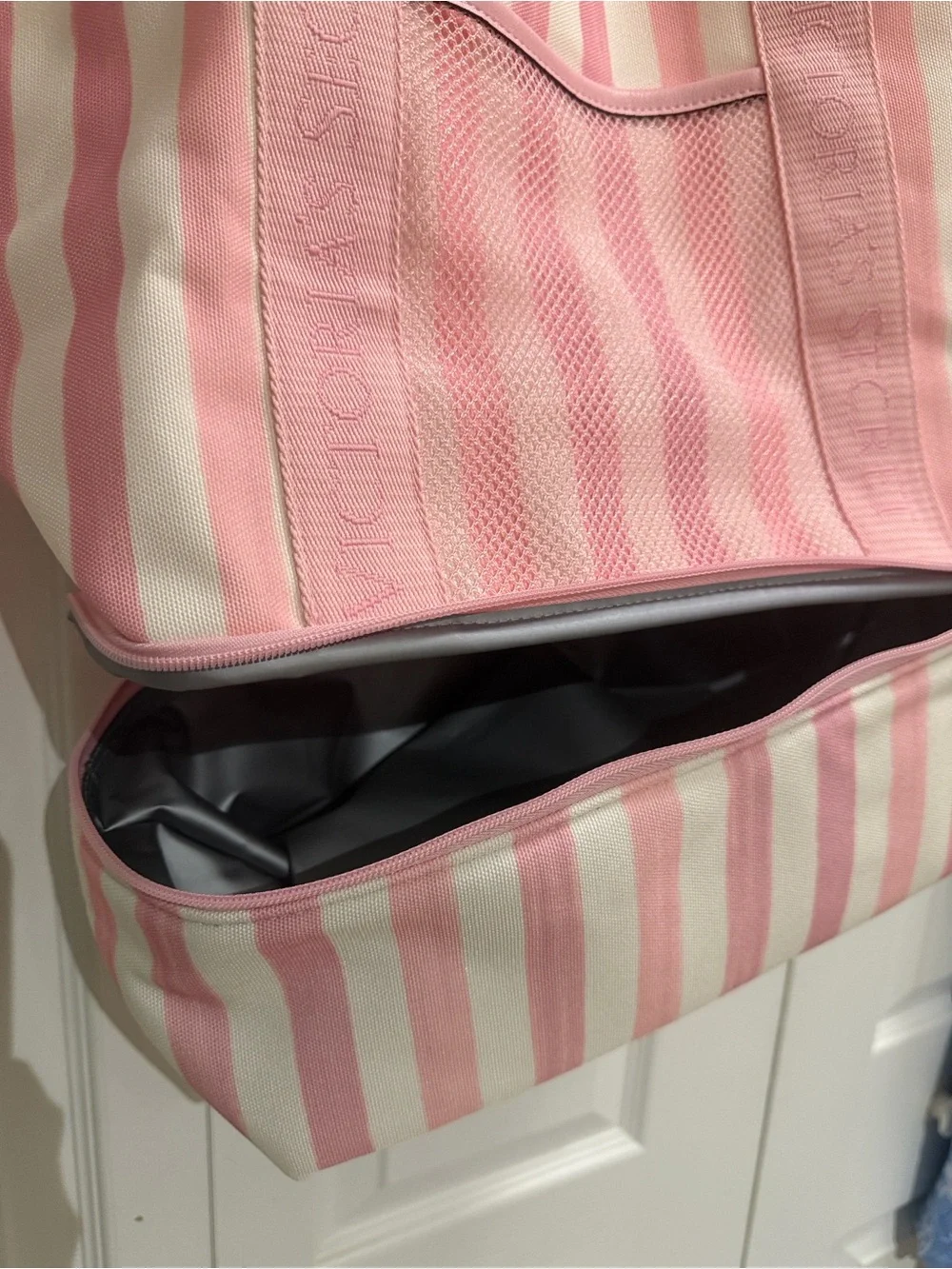 Victoria's Secret Pink and White Striped Canvas Tote with Front Pocket